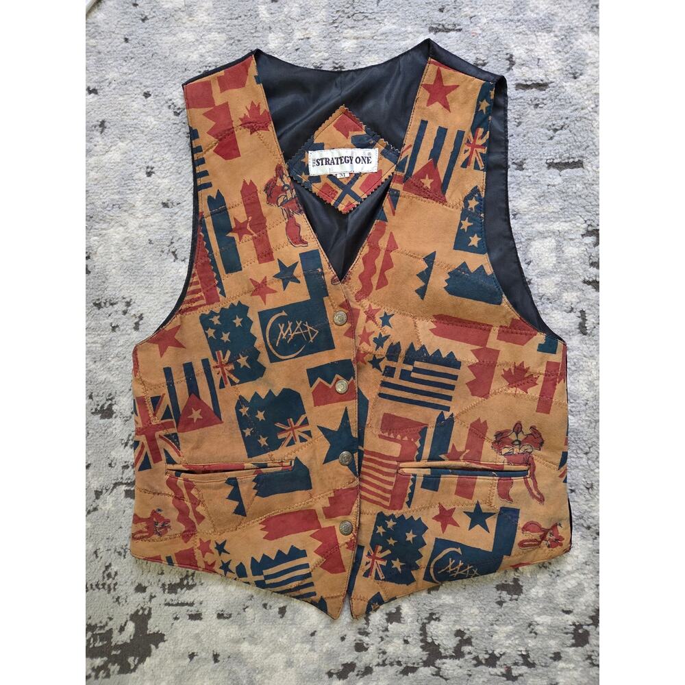 Vintage Leather Flag Print Vest - Western Style - Size Medium Festival Concert